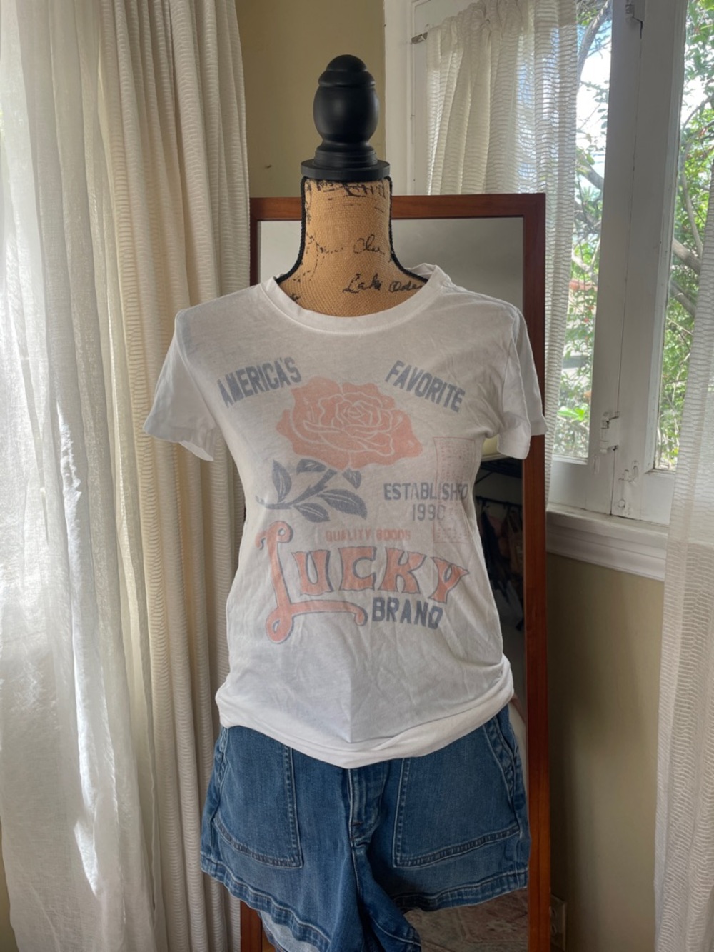 Lucky Brand White Tee with Pink Rose Graphic